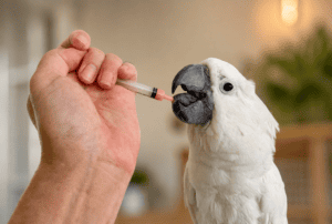 Parrot voluntarily taking medication from a syringe